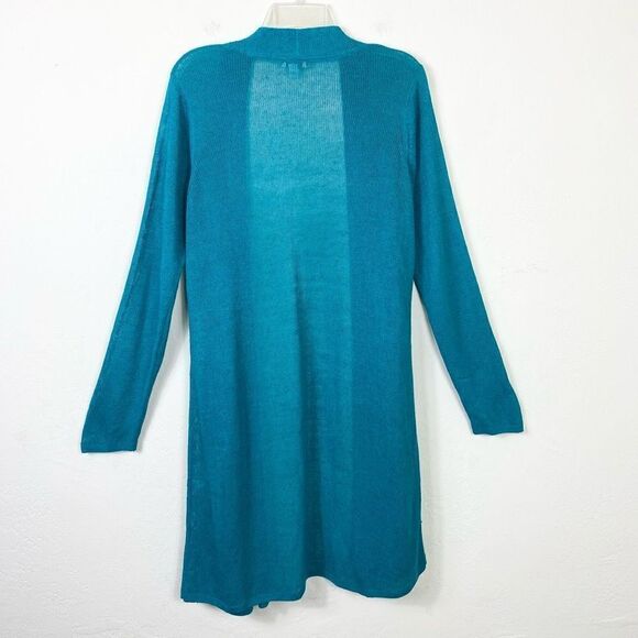 J. Jill Aqua Blue Open Knit Open Face Long Cardigan Sweater with Pockets Size M - Picture 2 of 5